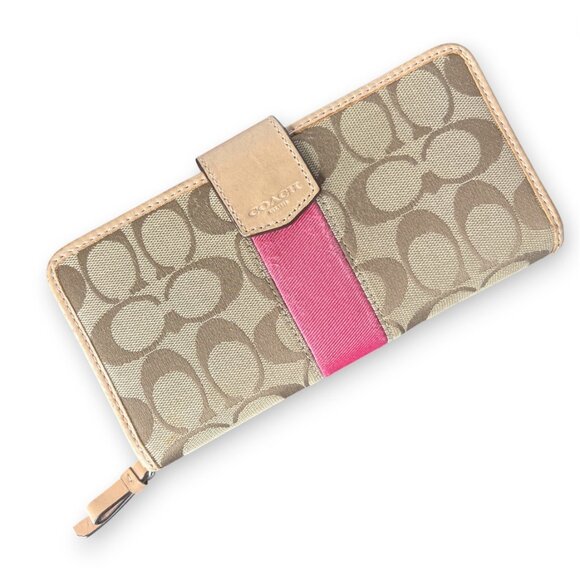 Coach Signature Canvas Wallet Brown Tan Pink Stripe Zip Around Organizer Clutch - Picture 1 of 10